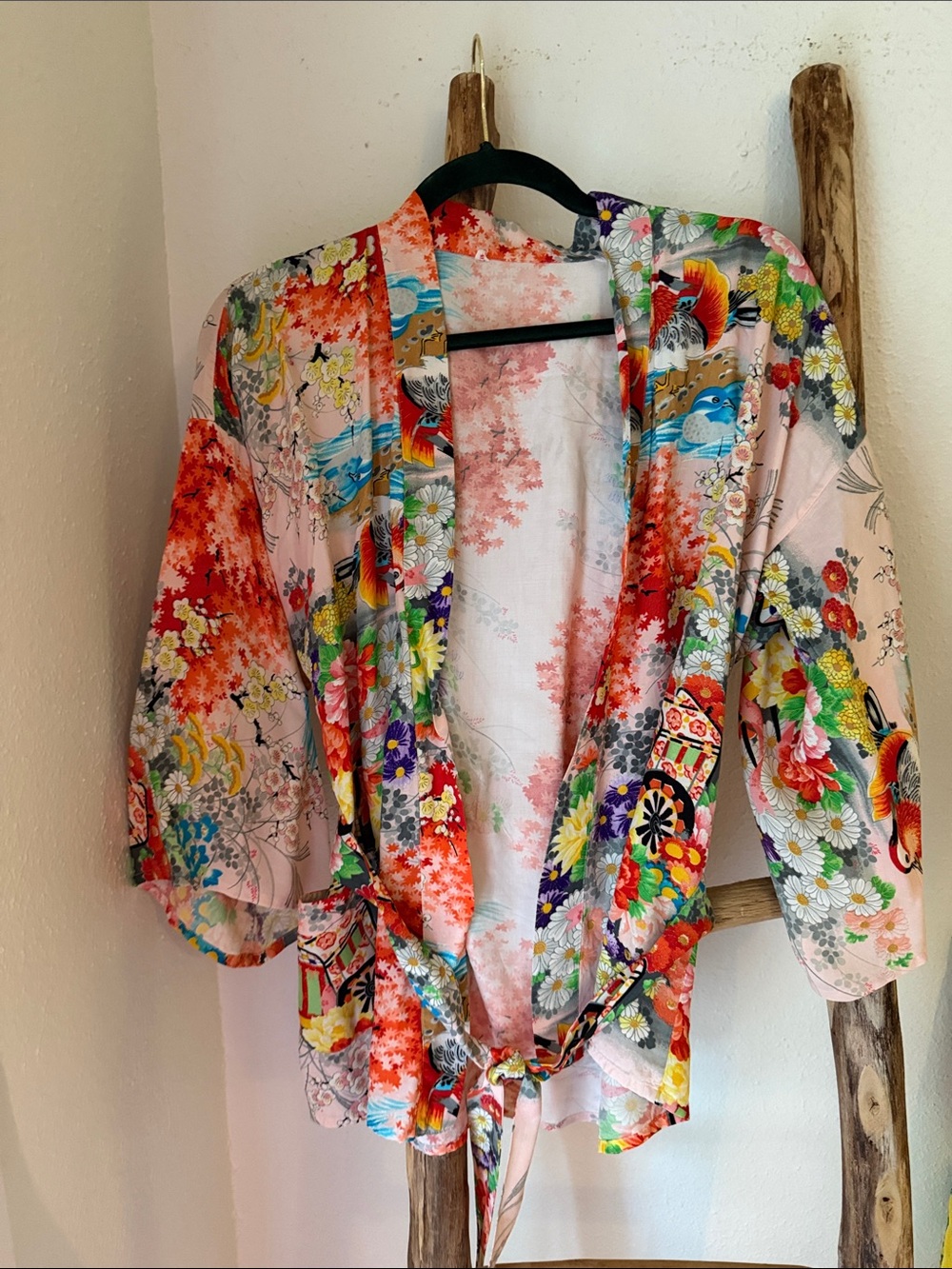 Vintage Colorful Multicolor Floral Lightweight Birds Kimono Short Jacket S/M